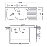 Lavello cucina due vasche con gocciolatoio sx acciaio da appoggio 50x120 cm