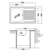 Lavello cucina vasca acciaio inox da incasso gocciolatoio sx 50x79 cm