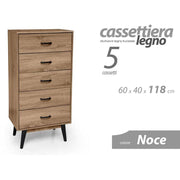 Cassettiera como stile urban noce nero 5 cassetti cm 60 x 40 x 118 h