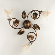 Plafoniera in ferro Marrone Oro Vetri Bianchi Ambra tre luci 59x h20 cm
