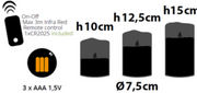Set 3 Candele Avorio LED IR Ø75xH10-12,5-15cm