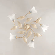 Plafoniera in ferro Avorio Oro cinque luci vetri Alabastro Bianchi 70x h20 cm