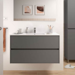 Mobile bagno sospeso Claros100 grigio opaco con lavabo 2 cassetti 100x45x56h