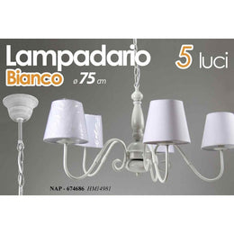 Lampadario shabby bianco con 5 paralumi tessuto cm 75