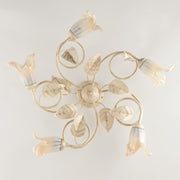 Plafoniera in ferro Avorio Oro Vetri Bianchi Ambra cinque luci 70x h20 cm