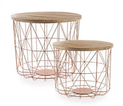 Set 2 Tavolini con Contenitore e Intreccio in Rame