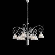 Lampadario ferro Bianco shabby paralumi vetro Alabastro Bianco otto luci 81x h58 cm