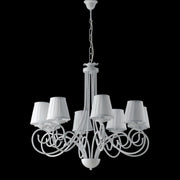 Lampadario a sospensione in ferro shabby paralumi Bianchi otto luci 67x h68 cm