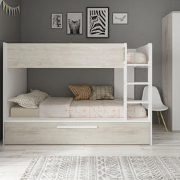 Cameretta con letto a castello con letto estraibile colore bianco consumato e bianco reversibile