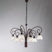 Lampadario in ferro Nero Ruggine paralumi in vetro Bianco otto luci 81x h58 cm