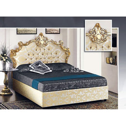 Letto  matrimoniale con contenitore testiera barocco in tessuto damascato 172x202xh.165 cm