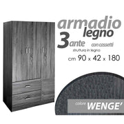 Armadio camera grigio tre ante con due cassetti cm 90 x 42 x 180 h