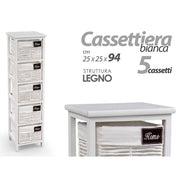 Cassettiera in legno da bagno bianca cm 25 x 25 x 94 h 5 cassetti