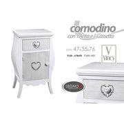 Comodino shabby bianco cuore con vano e cassetto cm 47 x 35 x 77 h
