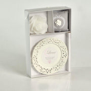 Candela c/piattino rosa luna latte & miele cm26x17h4,5 - 8 ore