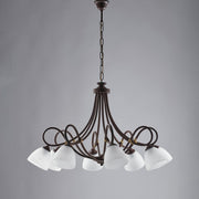 Lampadario ferro Nero ruggine otto luci paralumi vetro Alabastro bianchi 81x h55 cm