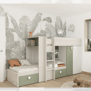 Letto a castello 1268 bianco vintage e verde con armadio e cassetti EFFEZ