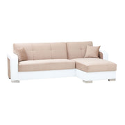 Divano letto ecolpelle bianco e tessuto beige con penisola a destra 240x140xh.88 cm EFFEZ