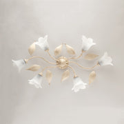 Plafoniera in ferro Avorio Oro sei luci vetri Alabastro Bianchi 95x52x h20 cm