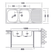 Lavello cucina due vasche con gocciolatoio sx acciaio da appoggio 50x120 cm