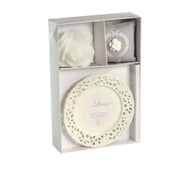 Candela c/piattino rosa luna latte & miele cm26x17h4,5 - 8 ore